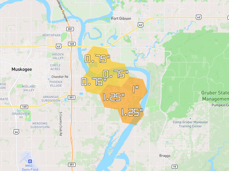 Hail map of Muskogee, OK on Jun 2, 2026, hail up to 1.25"