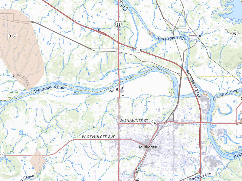 Radar-estimated hail-size map of the storm over Muskogee, OK on Jul 11, 2026