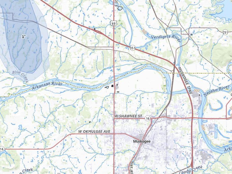 NEXRAD radar-signature map of the hail storm over Muskogee, OK on Jul 11, 2026
