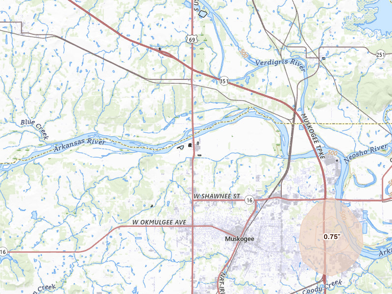 Radar-estimated hail-size map of the storm over Muskogee, OK on Jul 29, 2026