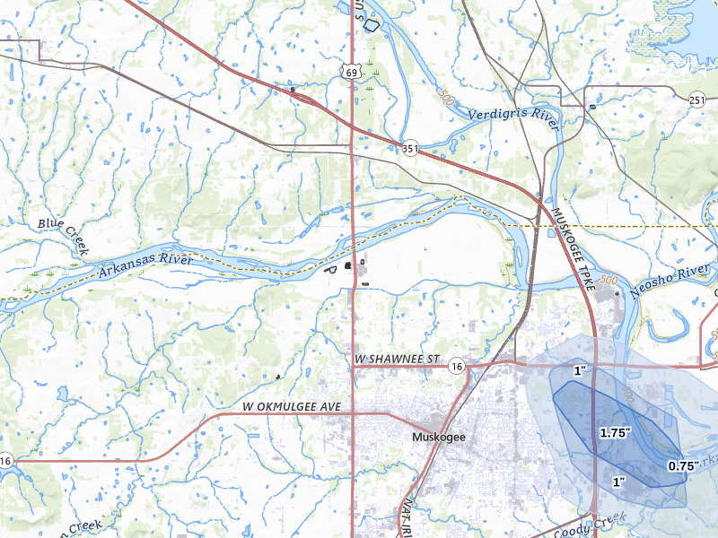 NEXRAD radar-signature map of the hail storm over Muskogee, OK on Jul 29, 2026