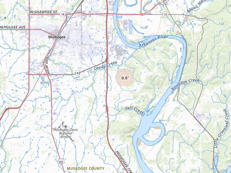 Radar-estimated hail-size map of the storm over Muskogee, OK on Aug 17, 2026