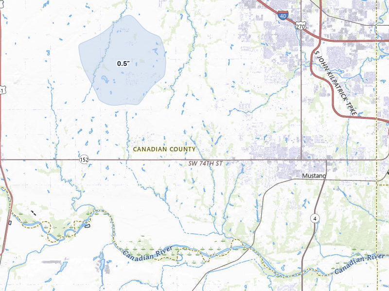 NEXRAD radar-signature map of the hail over Mustang, OK