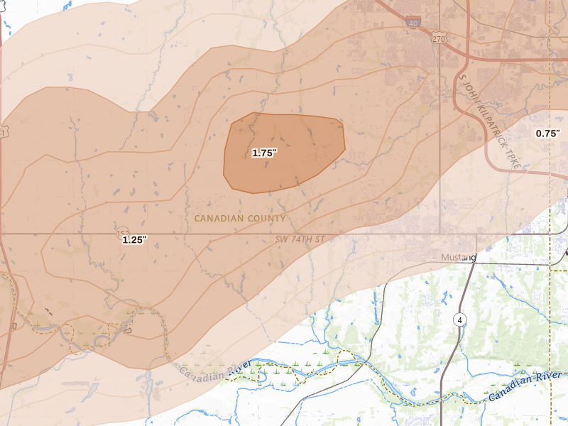 Radar-estimated hail-size map of the storm over Mustang, OK