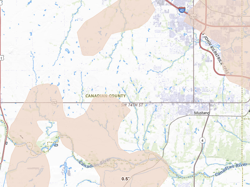 Radar-estimated hail-size map of the storm over Mustang, OK on Apr 3, 2026