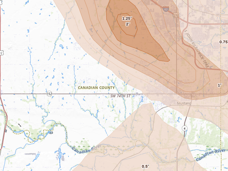 Radar-estimated hail-size map of the storm over Mustang, OK on May 8, 2026