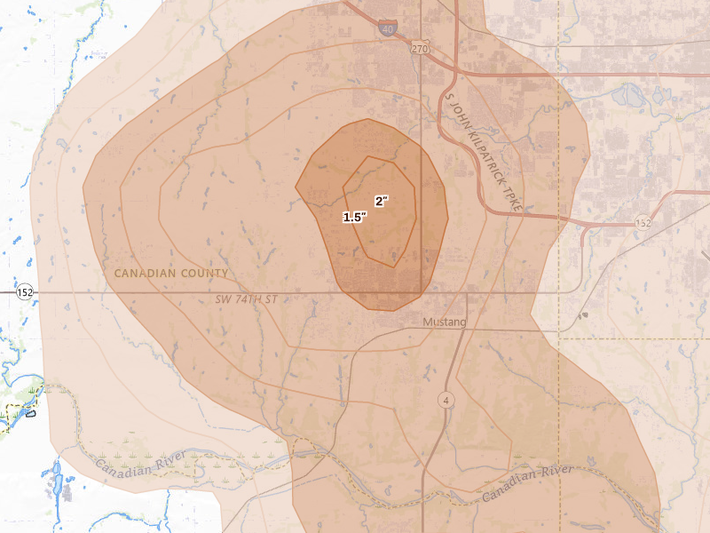 Radar-estimated hail-size map of the storm over Mustang, OK on Jul 4, 2026