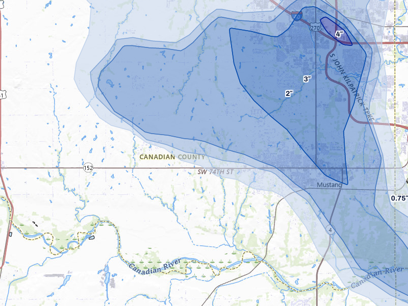 NEXRAD radar-signature map of the hail over Mustang, OK