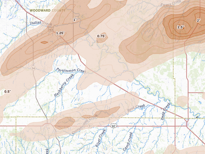 Radar-estimated hail-size map of the storm over Mutual, OK on Apr 17, 2026