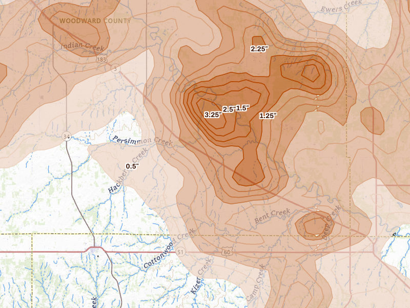Radar-estimated hail-size map of the storm over Mutual, OK on Jul 4, 2026