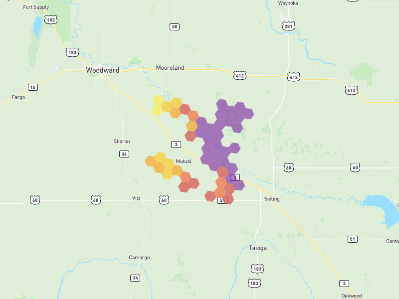 Hail map of Mutual, OK on Jul 4, 2026, hail up to 4"
