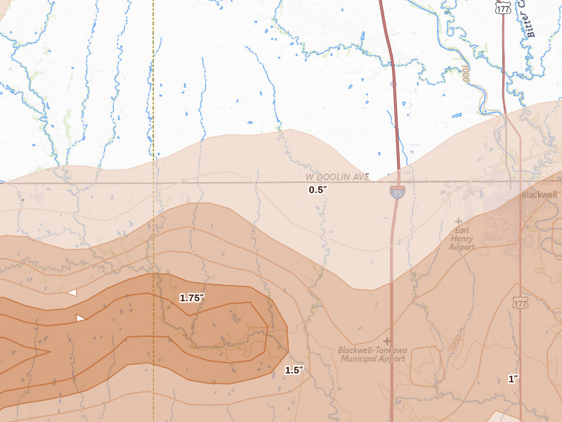 Radar-estimated hail-size map of the storm over Nardin, OK on Apr 17, 2026