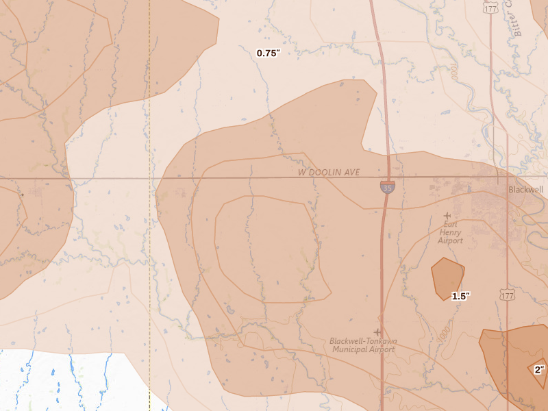 Radar-estimated hail-size map of the storm over Nardin, OK on Jun 13, 2026