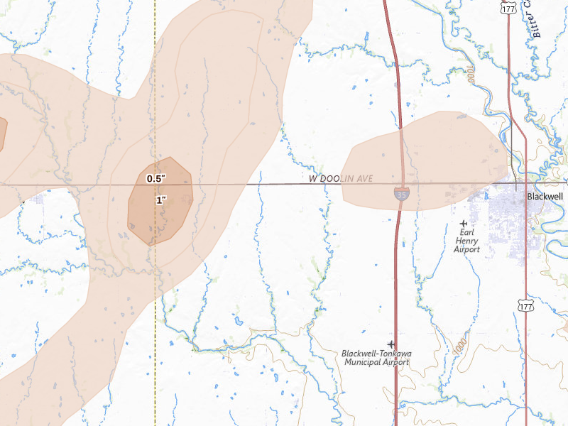 Radar-estimated hail-size map of the storm over Nardin, OK on Jun 25, 2026