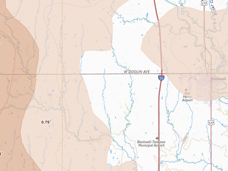 Radar-estimated hail-size map of the storm over Nardin, OK on Jul 4, 2026