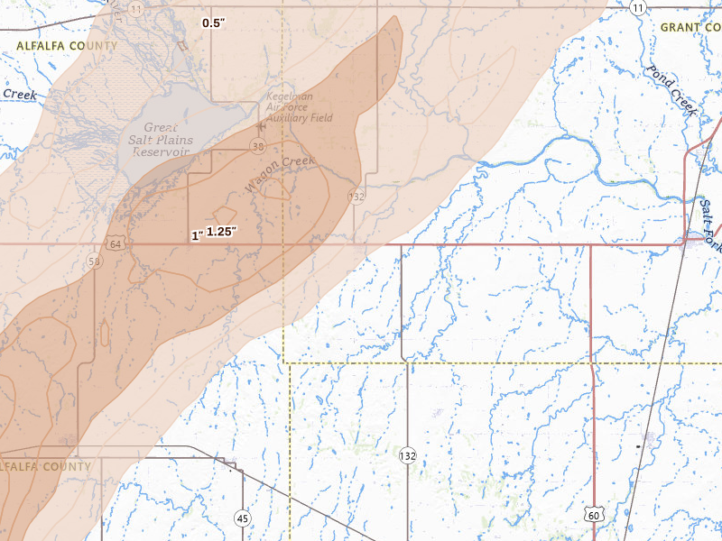 Radar-estimated hail-size map of the storm over Nash, OK on Mar 5, 2026