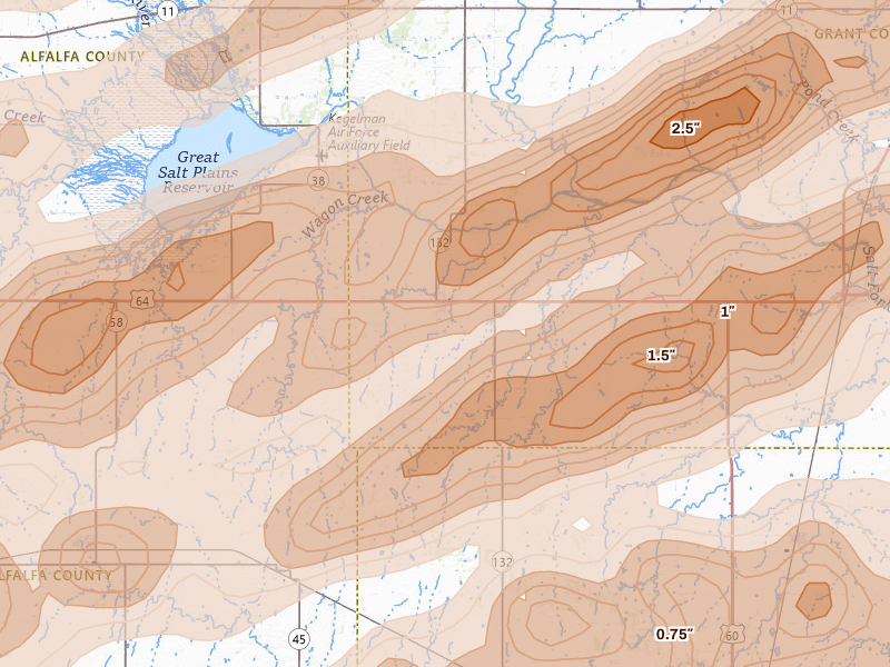 Radar-estimated hail-size map of the storm over Nash, OK on Apr 17, 2026