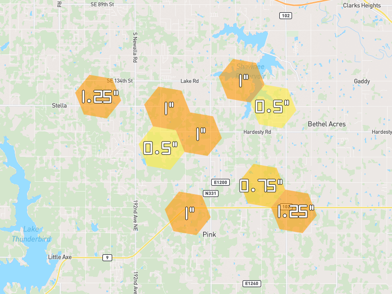 Hail map of Newalla, OK on Jul 5, 2026, hail up to 1.25"
