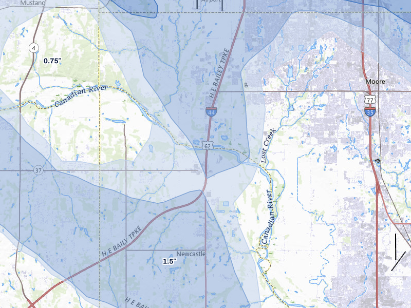 NEXRAD radar-signature map of the hail storm over Newcastle, OK on May 8, 2026