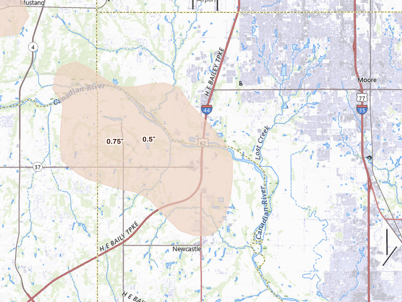 Radar-estimated hail-size map of the storm over Newcastle, OK on Jun 23, 2026