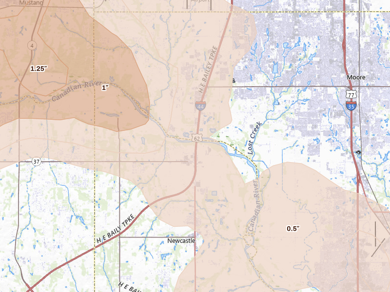 Radar-estimated hail-size map of the storm over Newcastle, OK on Jul 4, 2026