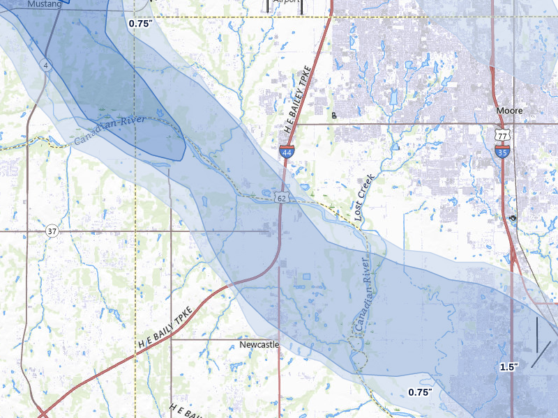 NEXRAD radar-signature map of the hail over Newcastle, OK