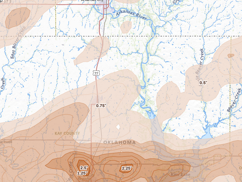 Radar-estimated hail-size map of the storm over Newkirk, OK on Apr 17, 2026