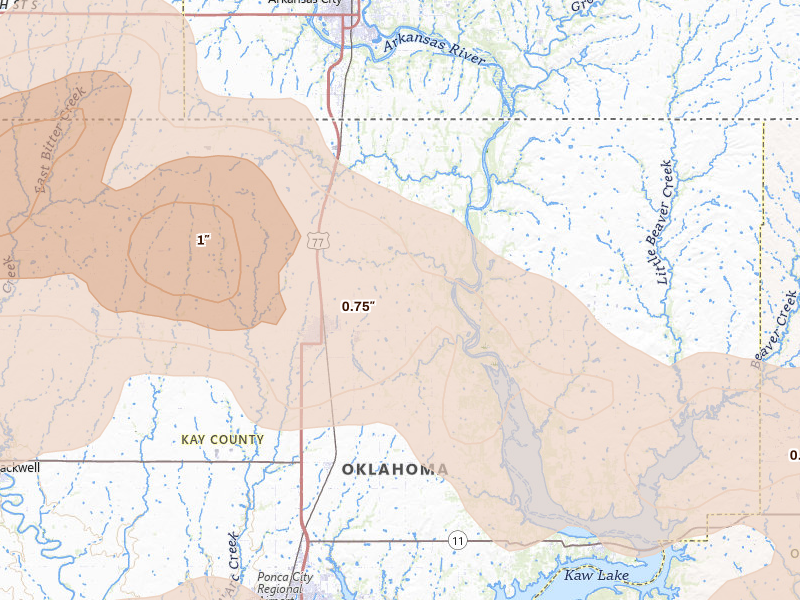 Radar-estimated hail-size map of the storm over Newkirk, OK on Apr 23, 2026