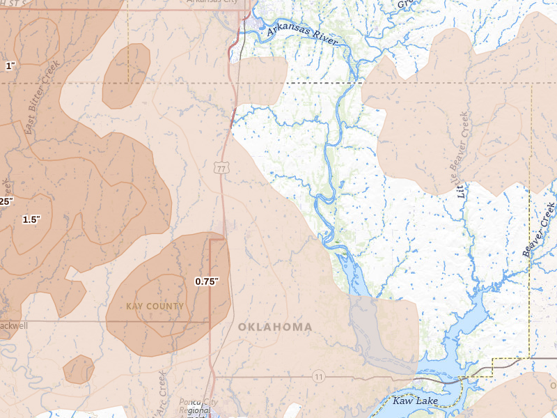 Radar-estimated hail-size map of the storm over Newkirk, OK on May 18, 2026