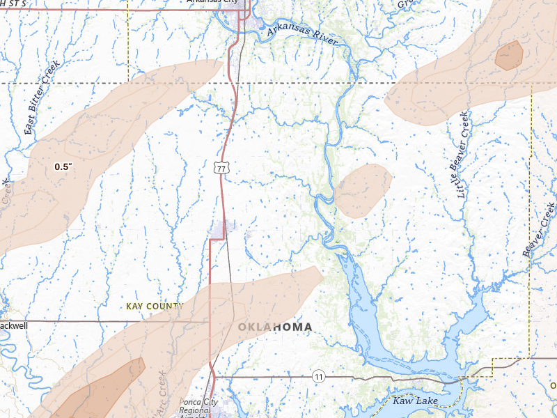 Radar-estimated hail-size map of the storm over Newkirk, OK on Jun 26, 2026