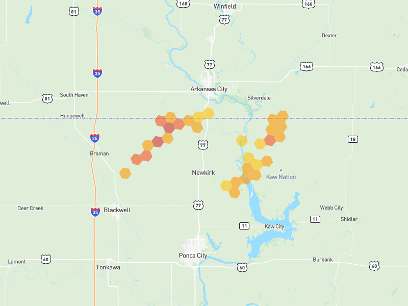Hail map of Newkirk, OK on Jun 27, 2026, hail up to 2"