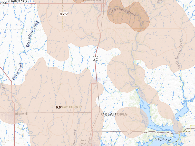 Radar-estimated hail-size map of the storm over Newkirk, OK on Jul 4, 2026