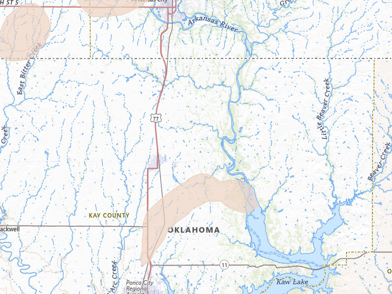 Radar-estimated hail-size map of the storm over Newkirk, OK on Jul 11, 2026