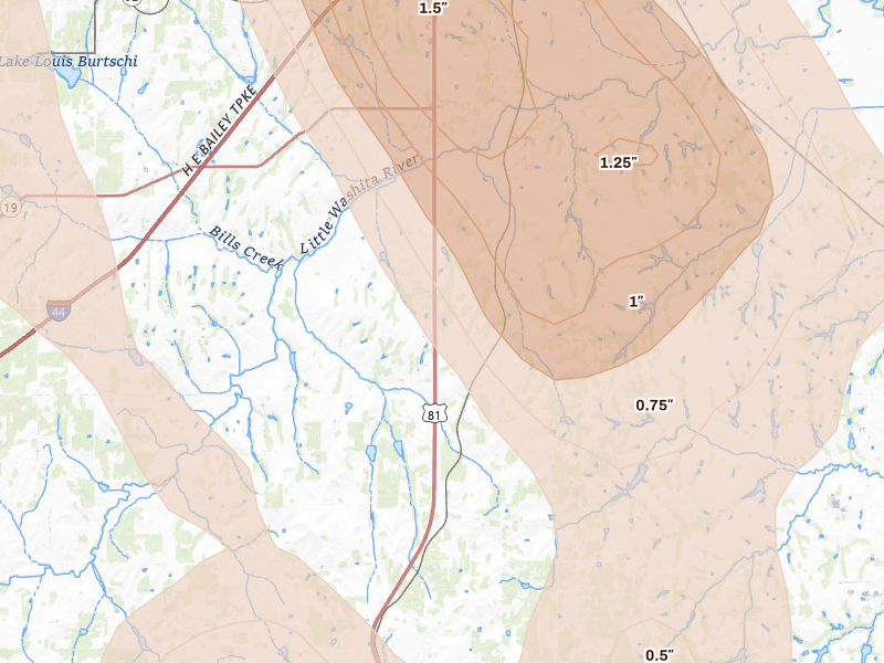 Radar-estimated hail-size map of the storm over Ninnekah, OK on May 8, 2026