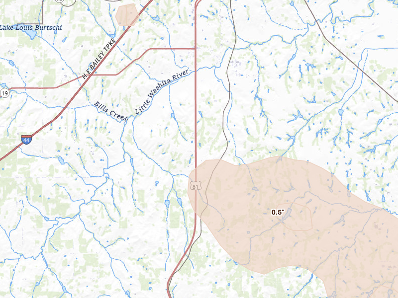 Radar-estimated hail-size map of the storm over Ninnekah, OK on Jul 4, 2026