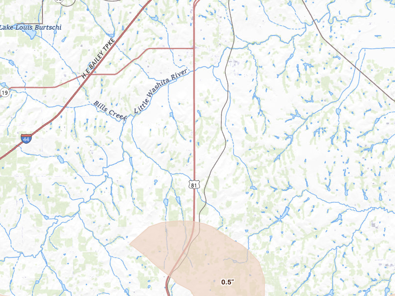 Radar-estimated hail-size map of the storm over Ninnekah, OK on Jul 5, 2026