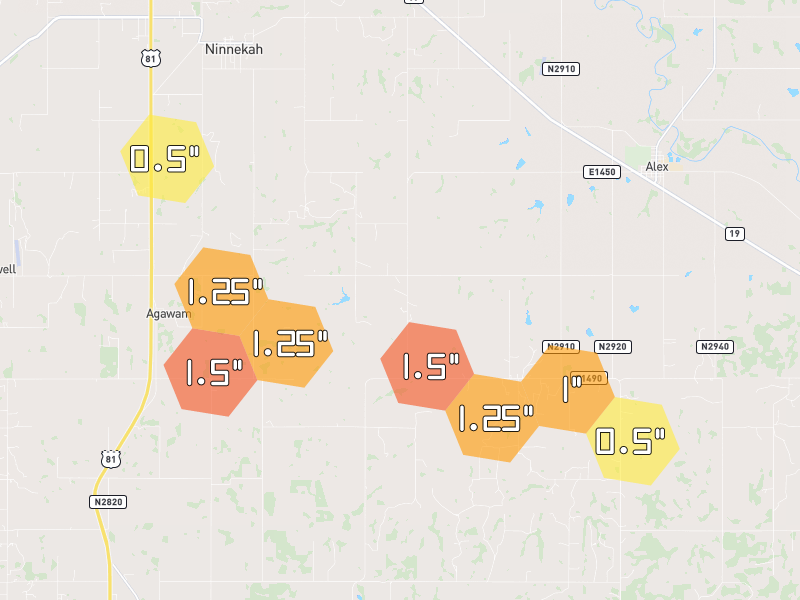 Hail map of Ninnekah, OK on Jul 5, 2026, hail up to 1.5"