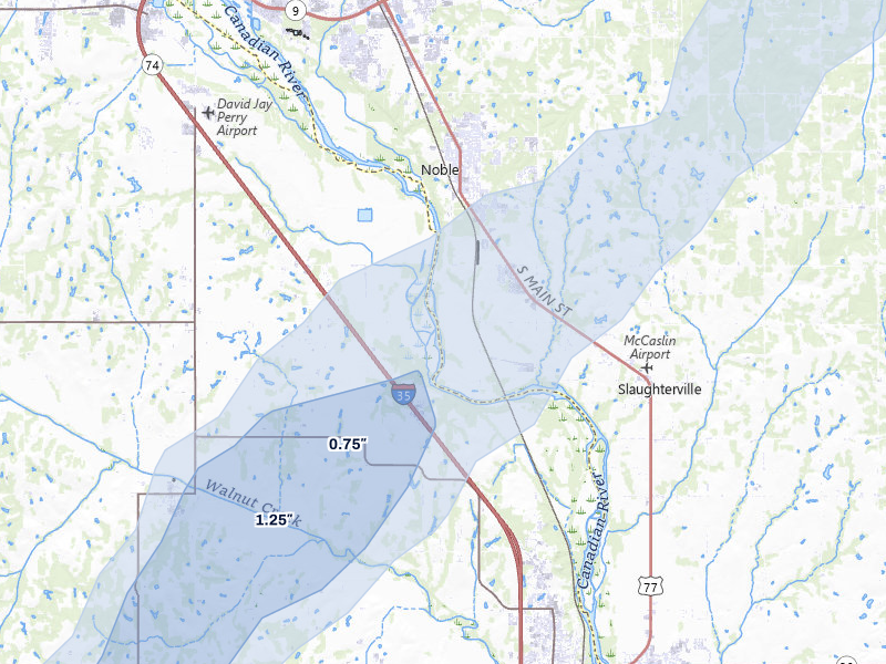 NEXRAD radar-signature map of the hail storm over Noble, OK on Apr 28, 2026