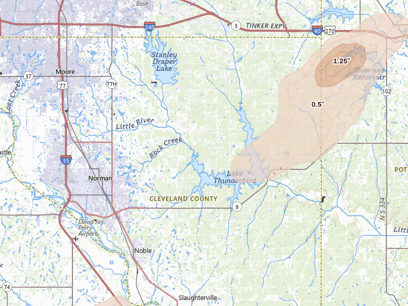 Radar-estimated hail-size map of the storm over Norman, OK on Apr 28, 2026