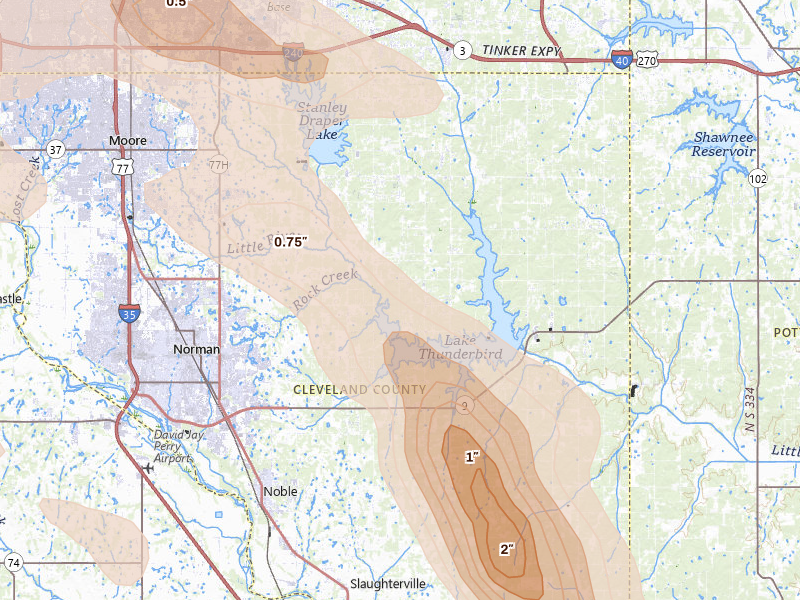Radar-estimated hail-size map of the storm over Norman, OK on May 8, 2026