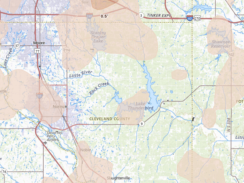 Radar-estimated hail-size map of the storm over Norman, OK on Jul 4, 2026