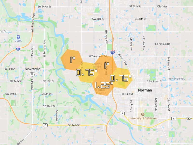 Hail map of Norman, OK on Jul 5, 2026, hail up to 1.25"