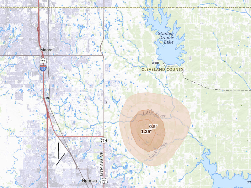 Radar-estimated hail-size map of the storm over Norman, OK on Aug 16, 2026