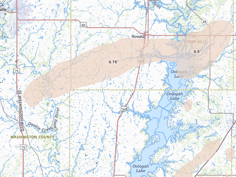 Radar-estimated hail-size map of the storm over Nowata, OK on Apr 3, 2026