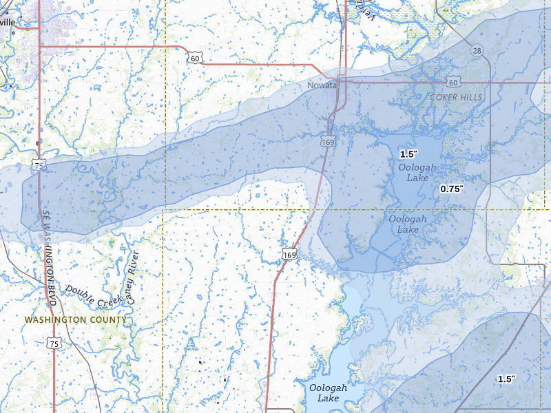 NEXRAD radar-signature map of the hail over Nowata, OK