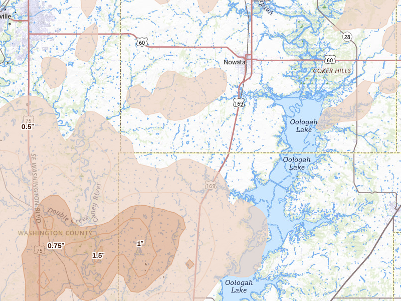 Radar-estimated hail-size map of the storm over Nowata, OK on Apr 23, 2026