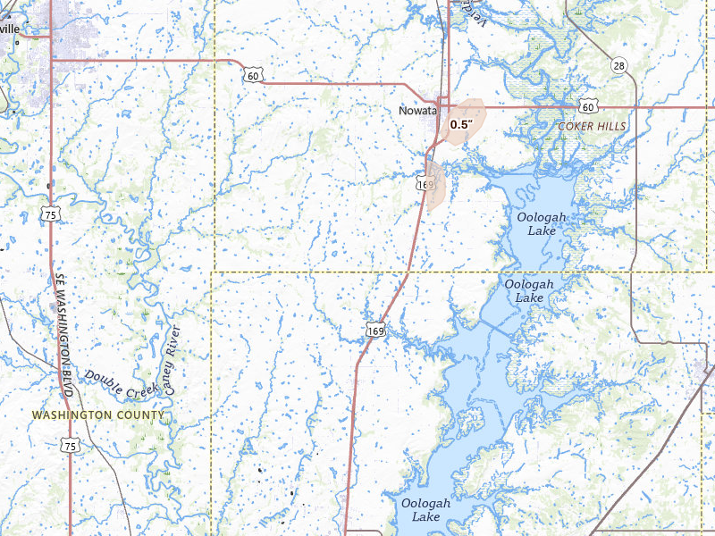 Radar-estimated hail-size map of the storm over Nowata, OK on May 18, 2026