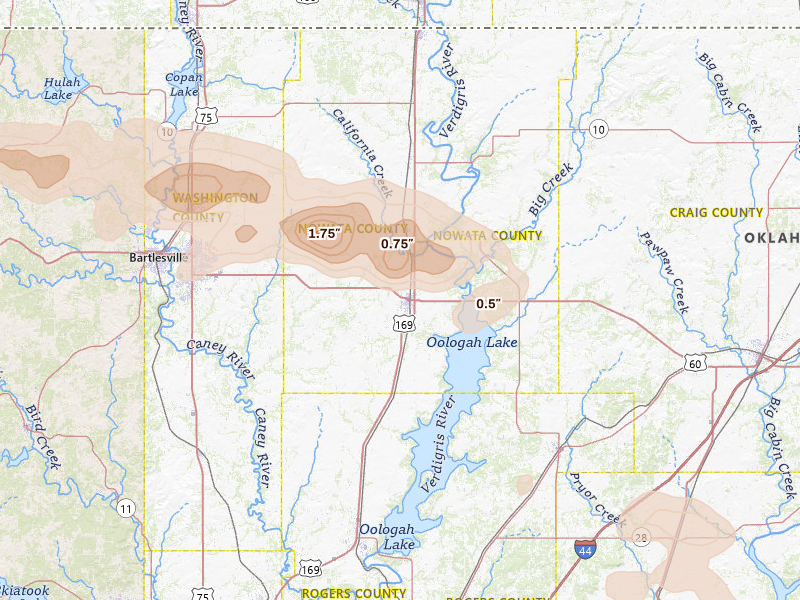 Radar-estimated hail-size map of the storm over Nowata, OK on May 29, 2026