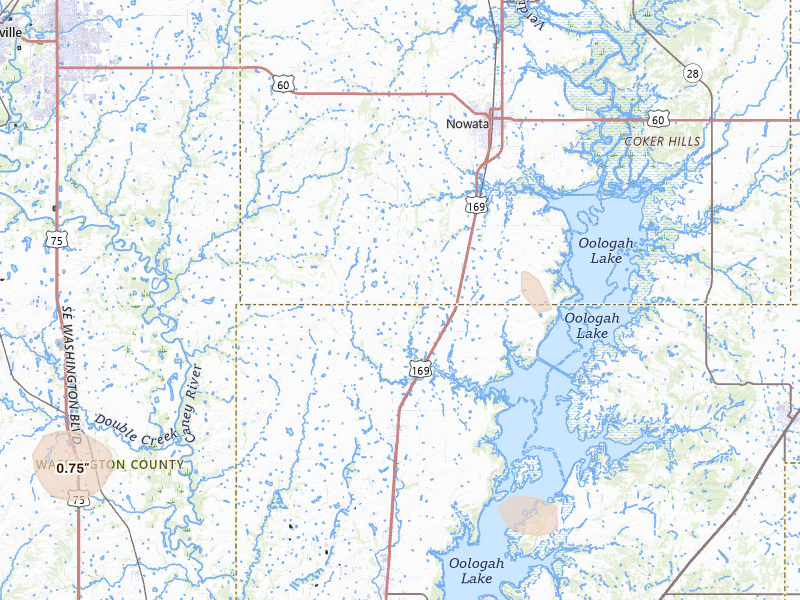 Radar-estimated hail-size map of the storm over Nowata, OK on Jun 1, 2026