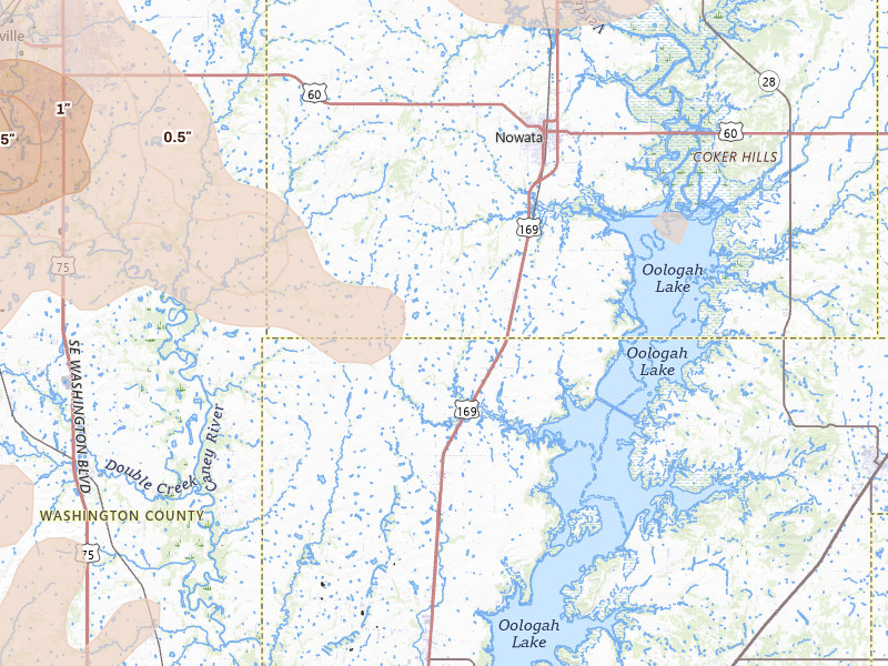Radar-estimated hail-size map of the storm over Nowata, OK on Jul 4, 2026